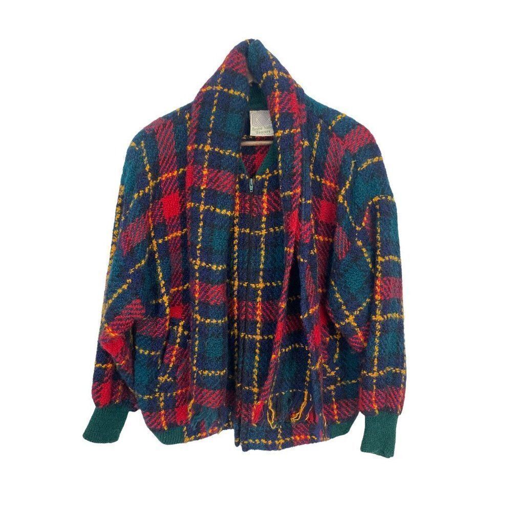 Boyne Valley weavers womens L/XL Wool full‎ zip plaid jacket & scarf handmade